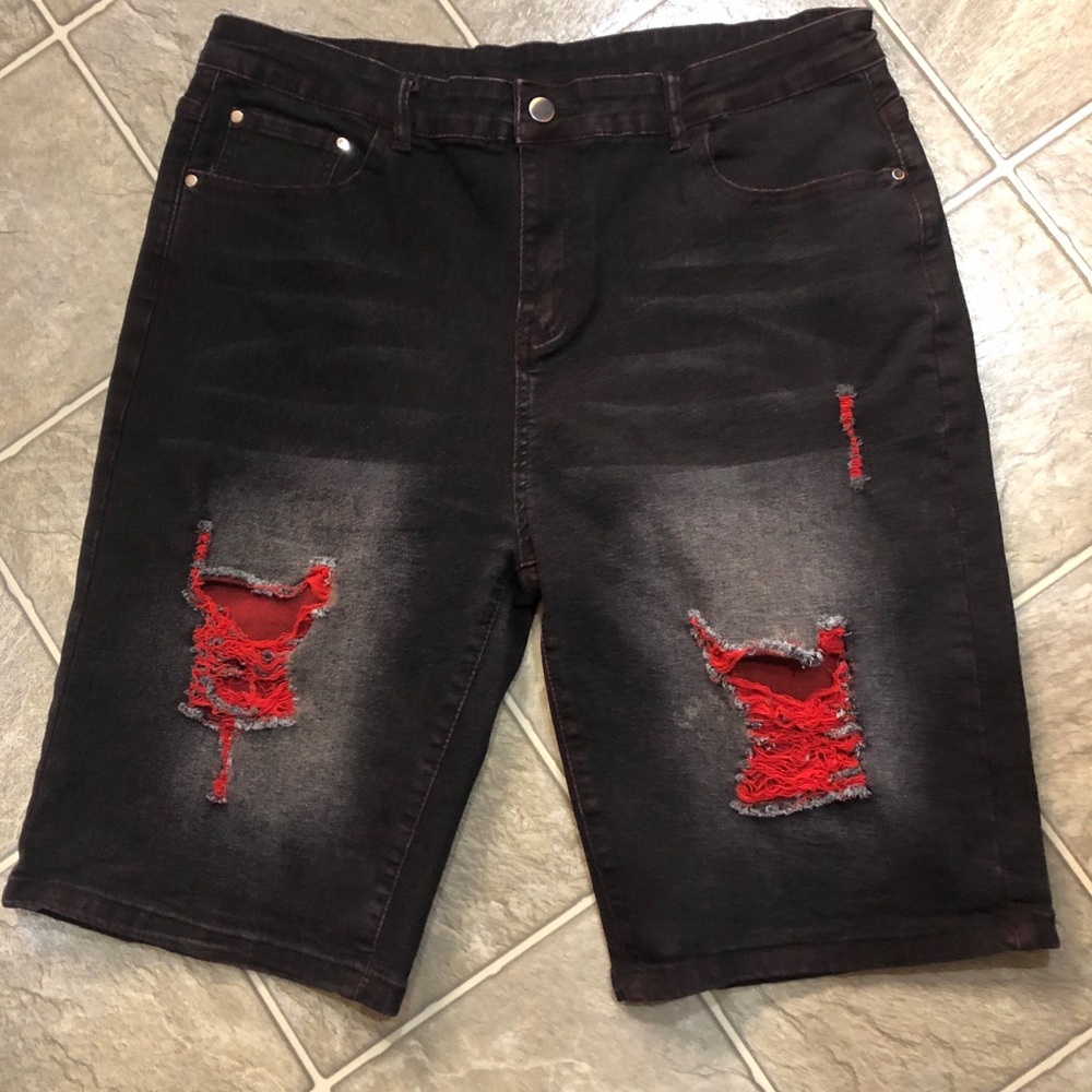 Men's Black Distressed Denim Shorts with Red Patch Details
New, never worn